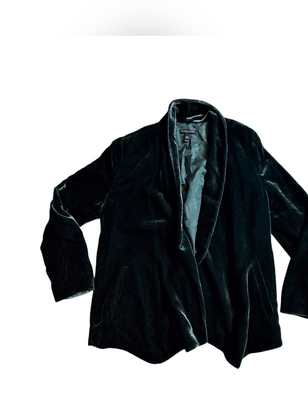 Eileen Fisher Velvet Open Front Drape Jacket Emerald Green Size PM Fairy Whimsi
